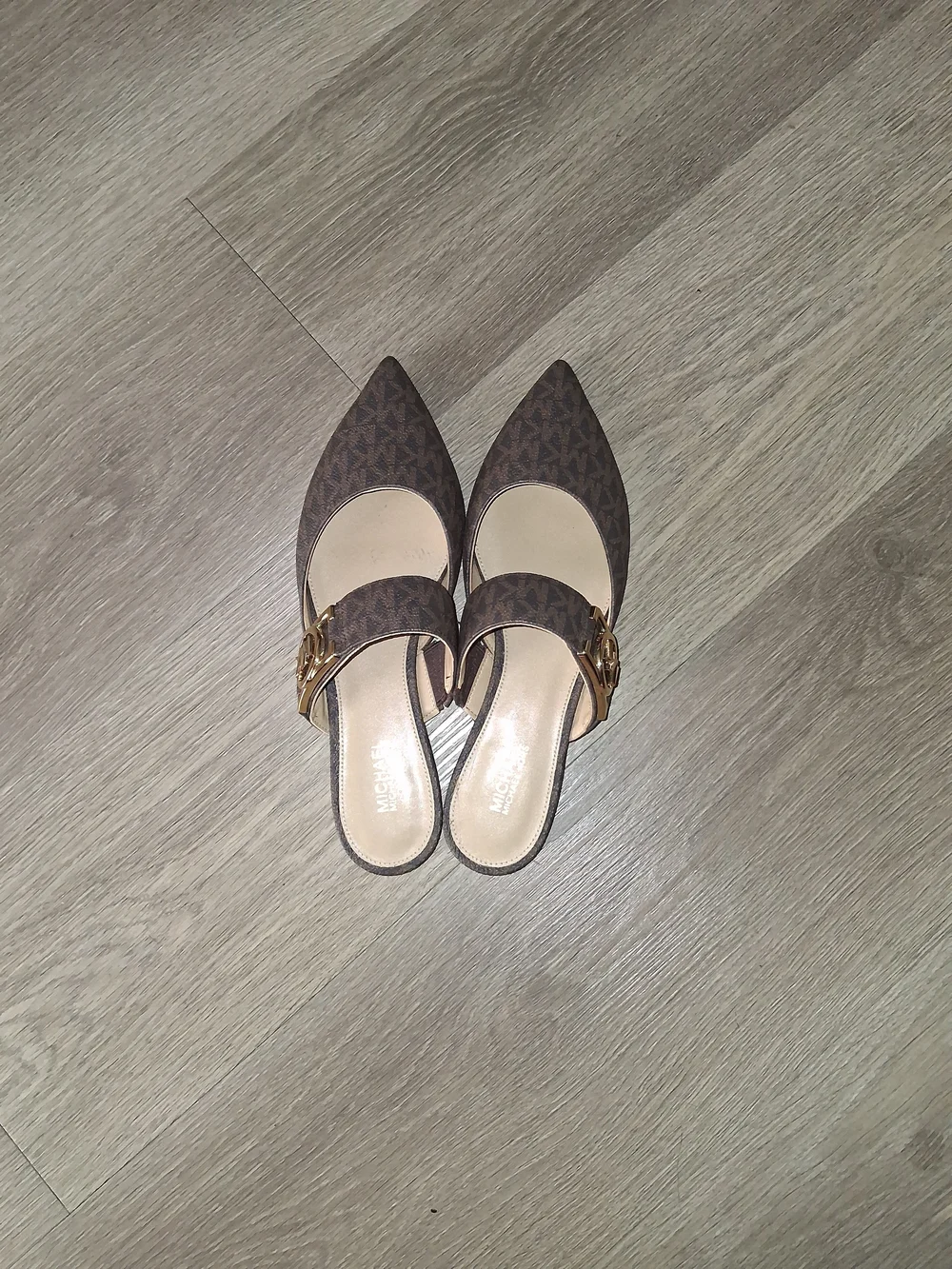Michael Kors Brown Logo Pointed Mules with Gold Buckle